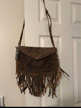 Myra Bag Brown Fringe Leather Crossbody - Distressed Style